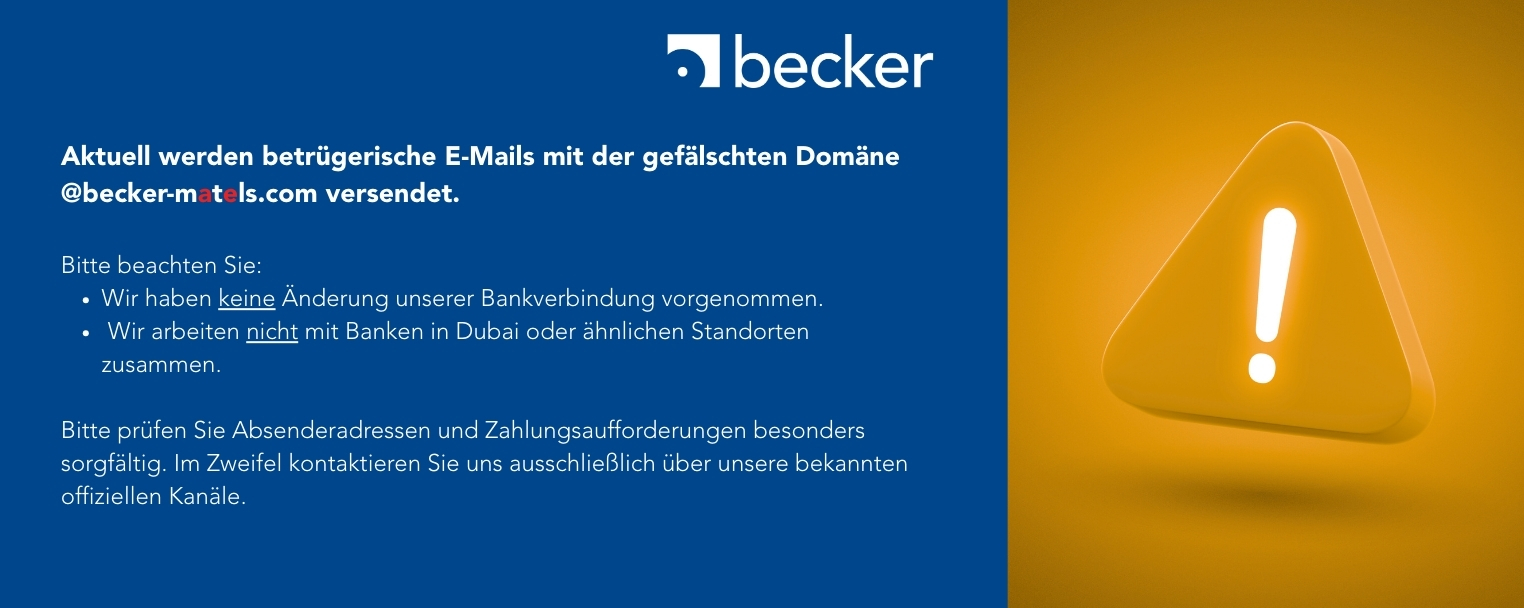 Warning sign on a yellow background next to a text box in German, cautioning about fraudulent emails from a fake domain. Becker's logo above.