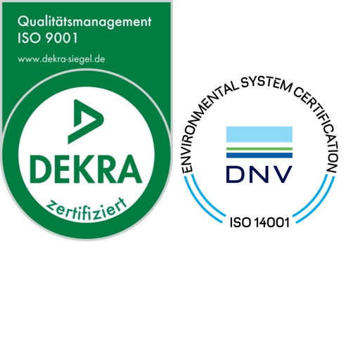 Logos of DEKRA ISO 9001 and DNV ISO 14001 certifications, depicting quality and environmental management standards.