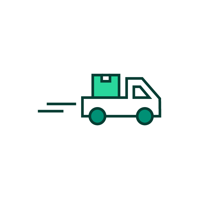 Symbol eines Lieferwagens mit einem grünen Paket auf der Ladefläche, Bewegungslinien, die die Geschwindigkeit anzeigen, auf weißem Hintergrund.