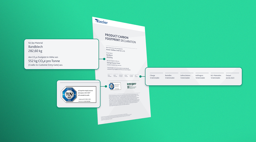 Ein Dokument mit dem Titel "Product Carbon Footprint Declaration" mit detaillierten Informationen zum Material und dem CO2e-Footprint (und weitere Informationen) sowie Zertifizierungslogos auf grünem Hintergrund.